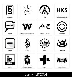 Set di 16 semplici icone modificabile come army airborne, plus, dollaro canadese, radium, hang ten, paragraf, forse, trattino, sterlina egiziana può essere utilizzato fo Illustrazione Vettoriale