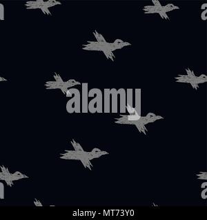Vector seamless pattern con disegno grigio corvi su nero Illustrazione Vettoriale