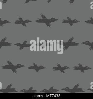 Vector seamless pattern con il grigio scuro schizzo corvi su grigio Illustrazione Vettoriale
