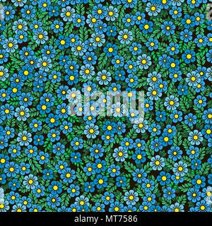 Flower pattern. Piccoli fiori blu e foglie su uno sfondo scuro. Può essere utilizzato su prodotti tessili ло Illustrazione Vettoriale