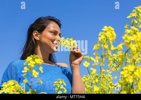 Giovane donna colombiano odori fiore giallo nel campo di colza con cielo blu Foto Stock