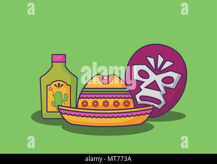 Mexican Hat con maschera di wrestler e tequila bottiglia su sfondo verde, design colorato. illustrazione vettoriale Illustrazione Vettoriale