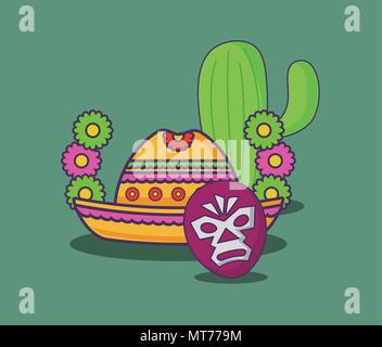 Ghirlanda di fiori con Mexican Hat e maschera di wrestler su sfondo verde, design colorato. illustrazione vettoriale Illustrazione Vettoriale