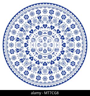 Floral Scandinavian Design mandala, arte popolare vettore seamless pattern con fiori, blu navy floreali ornamento ripetitive Illustrazione Vettoriale