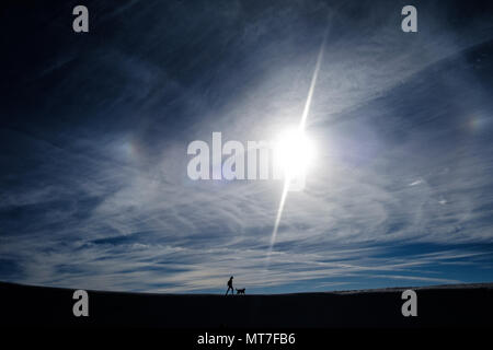 White Sands, Stati Uniti d'America - 20 novembre 2016. Una persona è passeggiate con il cane nelle dune di sabbia e il paesaggio deserto di sabbia bianca deserto nel New Mexico. (Photo credit: Gonzales foto - Flemming Bo Jensen). Foto Stock