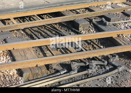 Un close-up delle piste a New Romney stazione sul Romney, Hythe & Dymchurch Railway nel Kent; un patrimonio Steam Railway. Foto Stock