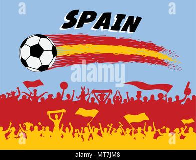 Bandiera della Spagna i colori con pallone da calcio e i tifosi spagnoli silhouette. Tutti gli oggetti, i tratti di pennello e i contorni sono in diversi strati e la Illustrazione Vettoriale