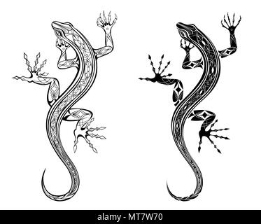 Due artisticamente disegnato, contorno, modellato lucertole su sfondo bianco. Lo stile di tatuaggio. Illustrazione Vettoriale