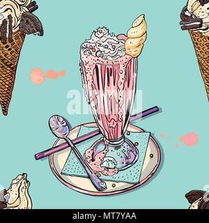 Pink unicorn milk shake e cookie vaniglia cono gelato seamless pattern. Carino alla moda colori pastello estate sfondo dessert. Cafe, il ristorante, tessile delizioso design. Illustrazione Vettoriale