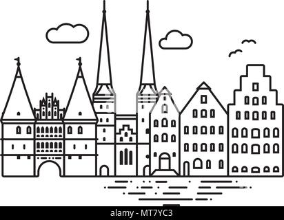 Icona linea style Lübeck cityscape piatta illustrazione vettoriale Illustrazione Vettoriale