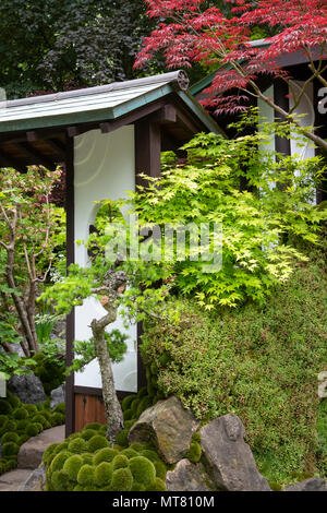 O-mo-te-na-shi no NIWA - Il giardino ospitalità, un tradizionale giardino Giapponese con una casa giardino surrouned da alberi di Acer progettato da Ishihara K Foto Stock