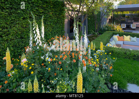 Geum "Totalmente Tangerine' Lupinus 'Deserto Sun", Digitalis purpurea "Alba" in un letto vicino ad una zona salotto in LG Eco-City giardino disegnato da Hay-Juoung Foto Stock