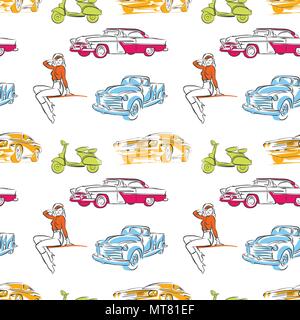 Auto d'epoca seamless pattern. Disegnata a mano vettore segni di viaggio. Illustrazione Vettoriale