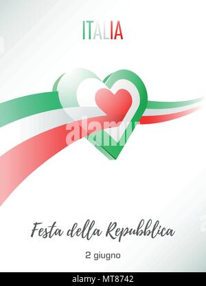 Il 2 giugno. Il giorno della Repubblica d'Italia. Biglietto di auguri con sventola bandiera italiana attraversa il cuore. Illustrazione Vettoriale. Illustrazione Vettoriale