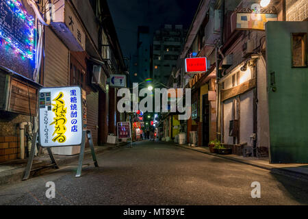Vista notturna di una strada stretta del Golden Gai, famosa per i suoi piccoli bar e night club, Kabukicho, Shinjuku, Tokyo, Giappone Foto Stock