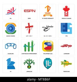 Set di 16 semplici icone modificabile come Tropicana, , giamaicano, 111, lowrider, ail, ashok chakra, opaco, black mamba può essere utilizzato per il mobile, l'interfaccia utente web Illustrazione Vettoriale