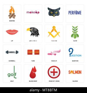 Set di 16 semplici icone modificabili come il salmone, immagine della croce, goccia di sangue, golf, domanda, falò, labbro, dumbbell, masonic può essere utilizzato per il mobile, w Illustrazione Vettoriale