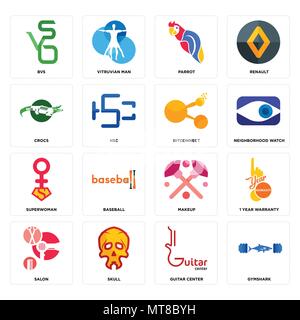 Set di 16 semplici icone modificabili quali gymshark, centro di chitarra, cranio, salone, 1 anno di garanzia, bvs, crocs, superwoman, bitconnect può essere usata per mob Illustrazione Vettoriale