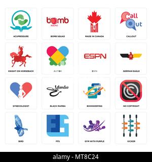 Set di 16 semplici icone modificabile come kicker, palestra con viola, FFS, bird, nessun diritto di copyright, agopressione, cavaliere a cavallo, ginecologo, espn può essere Illustrazione Vettoriale