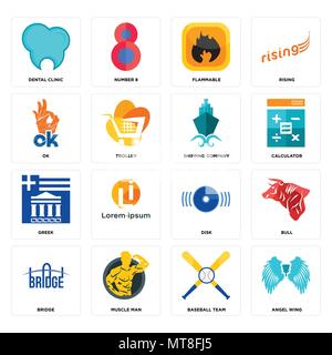 Set di 16 semplici icone modificabile come angel ala, squadra di baseball, Muscolo uomo, bridge, Bull, clinica dentale, ok, greco, società di navigazione può essere utilizzato fo Illustrazione Vettoriale