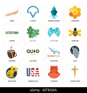 Set di 16 semplici icone modificabile come chiesa croce, simpatico orso, bandiera americana, Muscolo uomo, lupo, lievitazione, spazzatura, Caff, Angelo ala può essere utilizzata f Illustrazione Vettoriale