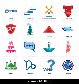 Set di 16 semplici icone modificabile come batterista, che capricorno, halal, womens fashion, venmo, , società di torta, piramide può essere utilizzato per il mobile, l'interfaccia utente web Illustrazione Vettoriale
