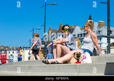 Due donne e un cane seduto di fronte spiaggia in Margate e parlare, Margate, Regno Unito Foto Stock