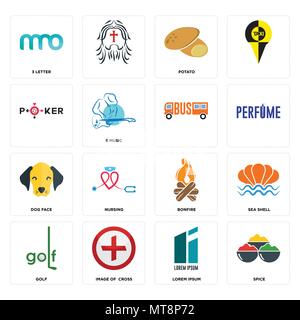 Set di 16 semplici icone modificabile come spezie, lorem ipsum, immagine della croce, golf, conchiglia di mare, 3 lettera, , Dog Face, può essere usato per il mobile, l'interfaccia utente web Illustrazione Vettoriale