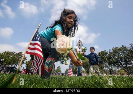 Los Angeles, Stati Uniti d'America. 28 Maggio, 2018. Una ragazza pone un fiore su un veterano di pietra tombale durante il Memorial Day rispetto alla Los Angeles Cimitero Nazionale di Los Angeles, negli Stati Uniti il 28 maggio 2018. Credito: Zhao Hanrong/Xinhua/Alamy Live News Foto Stock
