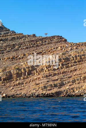 I fiordi di fronte montagne, Governatorato Musandam, Khasab, Oman Foto Stock