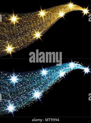 Due golden onde con un effetto shine contro uno sfondo nero. Cometa con una coda luminosa e stelle. Oro e blu. illustrazione Illustrazione Vettoriale