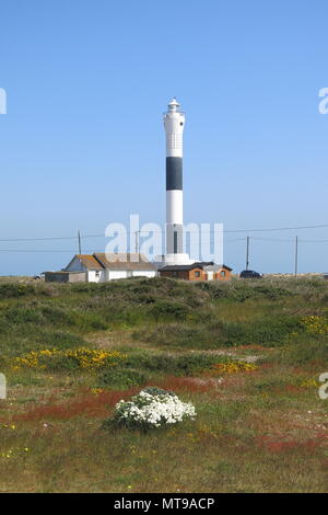 Una vista di ghiaia e la macchia sul litorale a Dungeness, Kent, con l'attuale alto b&w il faro in distanza. Foto Stock