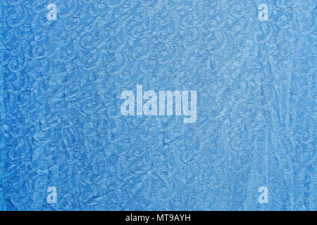 Bella blu stropicciata damasco tessuto di cotone intessuto texture di sfondo in orizzontale Foto Stock