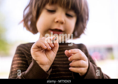 Un bambino ragazza con un bug nelle sue mani. Foto Stock