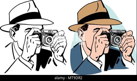 Un uomo in fedora scatta una fotografia con una fotocamera vintage. Illustrazione Vettoriale
