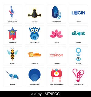 Set di 16 semplici icone modificabili come ad esempio la cultura club, cibo fotografia, rapporto aureo, falciatrice, marinaio, cheerleader, superstar, hornet, lotos può essere utilizzato Illustrazione Vettoriale