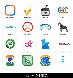 Set di 16 semplici icone modificabile come mbbs, ashok chakra, libero di soia, rupia indiana, oracle, nuovo instagram, a fibra ottica e rifiuti, opaco può essere utilizzato Illustrazione Vettoriale