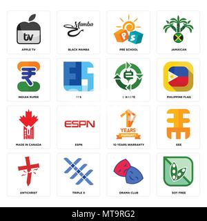 Set di 16 semplici icone modificabile come soia libera, dramma club, triple x, l'anticristo, eee, apple tv, rupia indiana, realizzato in Canada, e i rifiuti possono essere utilizzati f Illustrazione Vettoriale
