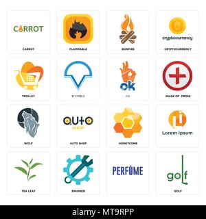 Set di 16 semplici icone modificabili quali golf, , chiave, foglie di tè, la carota, carrello Wolf, ok può essere utilizzato per il mobile, l'interfaccia utente web Illustrazione Vettoriale