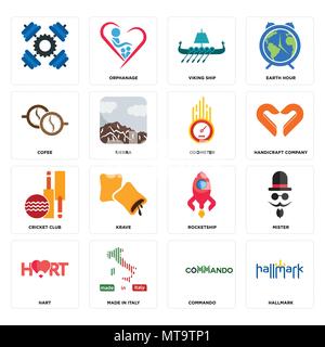 Set di 16 semplici icone modificabile come segno distintivo, commando, made in italy, Hart, mister, , caffè, cricket club, contachilometri può essere utilizzato per il mobile, web U Illustrazione Vettoriale