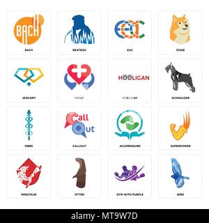 Set di 16 semplici icone modificabile come uccello, palestra con viola, lontra, minotauro, superpotenza, Bach, jewlery, mbbs, hooligan può essere utilizzato per il mobile, web Illustrazione Vettoriale