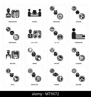 Set di 16 semplici icone modificabile come soldato, cantante, Detective, pilota, Corriere, pompiere, Segretario, saldatore, marinaio può essere utilizzato per il mobile, web Illustrazione Vettoriale