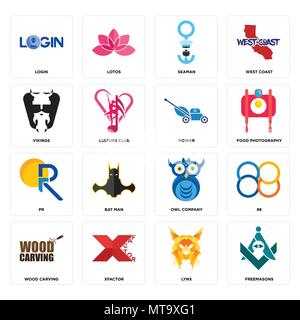 Set di 16 semplici icone modificabile come framassoni, lynx xfactor, sculture in legno, 88, login, vichinghi, pr, tosaerba può essere utilizzato per il mobile, l'interfaccia utente web Illustrazione Vettoriale