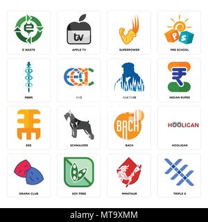 Set di 16 semplici icone modificabile come triple x, minotauro, libero di soia, dramma club, hooligan, e rifiuti, mbbs, eee, beatbox può essere utilizzato per il mobile, l'interfaccia utente web Illustrazione Vettoriale