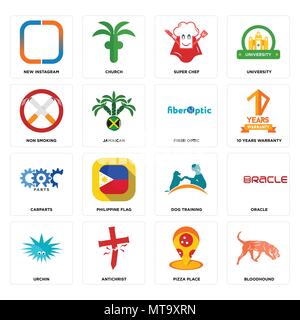 Set di 16 semplici icone modificabili quali bloodhound, pizzeria, l'anticristo, Urchin, oracle, nuovo instagram, non fumatori, carparts, fibra ottica può essere Illustrazione Vettoriale