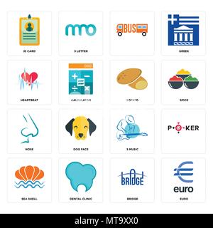 Set di 16 semplici icone modificabile come euro, bridge dental clinic, conchiglia di mare, , ID card, battito cardiaco, naso, patata può essere utilizzato per il mobile, l'interfaccia utente web Illustrazione Vettoriale