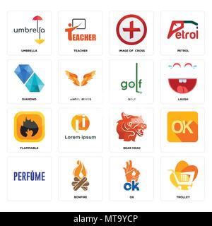 Set di 16 semplici icone modificabile come carrello, ok, falò, , ombrello, diamante, infiammabili, golf può essere utilizzato per il mobile, l'interfaccia utente web Illustrazione Vettoriale
