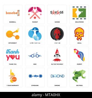 Set di 16 semplici icone modificabile come big rana, dimond, gymshark, 1 anno di garanzia, Parrot, baseball, bitconnect, ringrazio spartan può essere utilizzata per Illustrazione Vettoriale