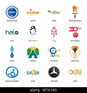 Set di 16 semplici icone modificabile come alfa, Mercedes, risparmio, accesso facilitato per portatori di Nandicap, testa di serpente, timbro apposto sul passaporto, alo, PEN PENNINO, satana può essere utilizzata per Illustrazione Vettoriale