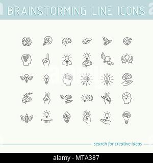 La linea raccolta di icone del cervello umano processo, persone che pensano, emozioni, salute mentale, processo creativo, la soluzione aziendale, carattere di esperienza, str Illustrazione Vettoriale